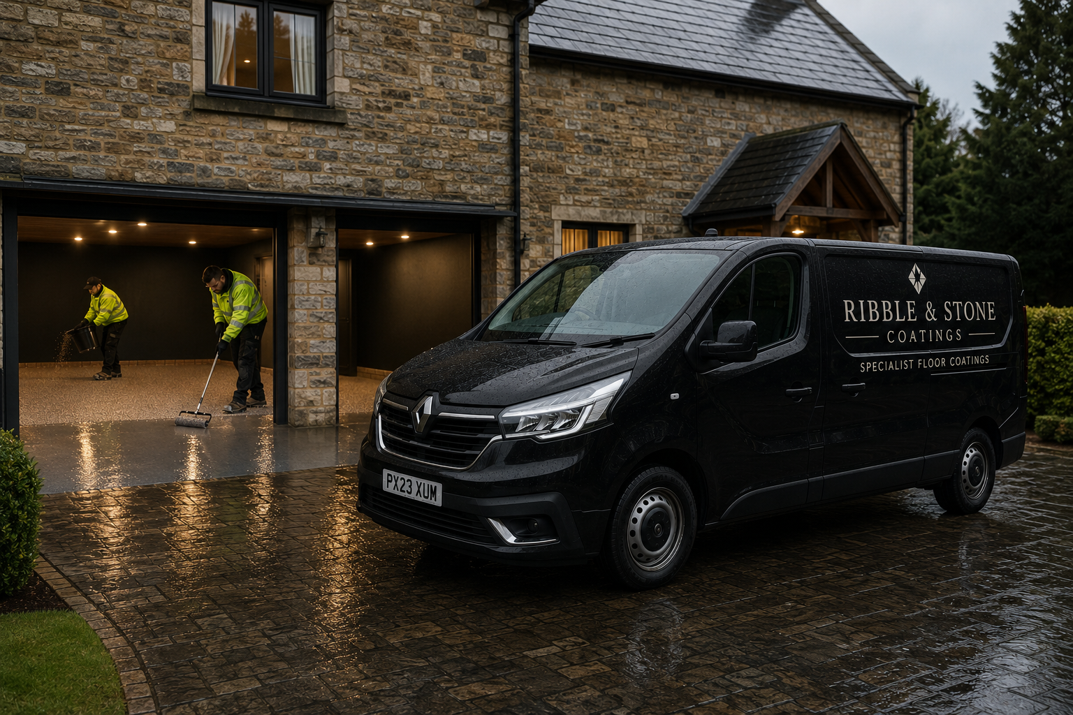 Ribble and Stone Coatings team installing a polyaspartic flake garage floor at a Ribble Valley home