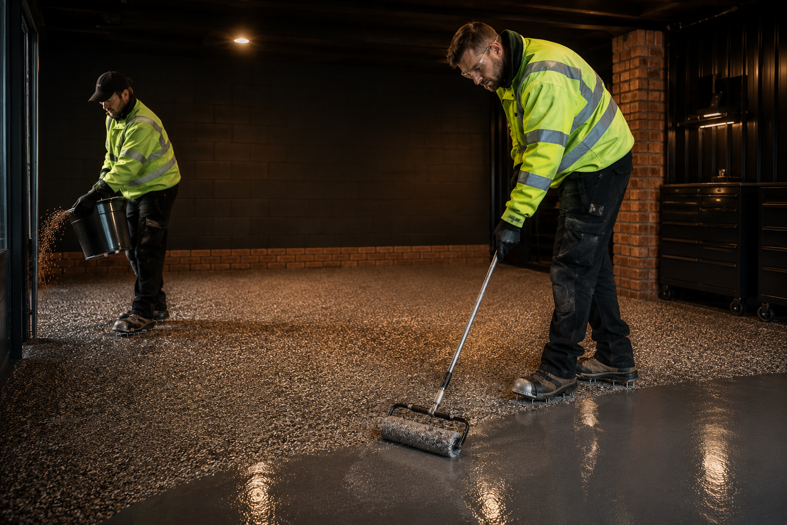 Ribble and Stone Coatings team installing a polyaspartic flake floor in a Ribble Valley garage